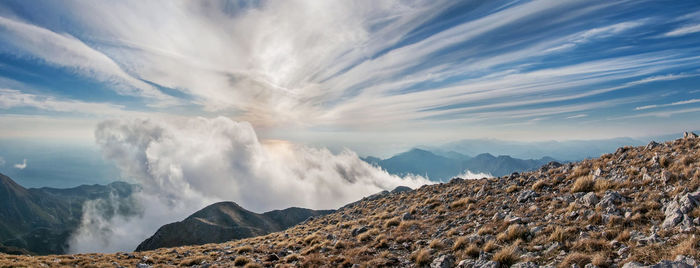Panoramic view of majestic mountains against sky