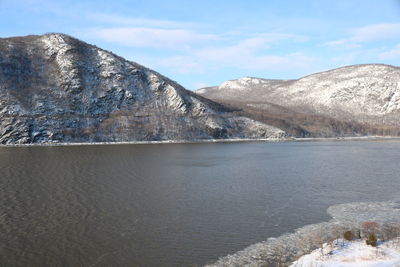 Scenic view of mountains against sky during winter