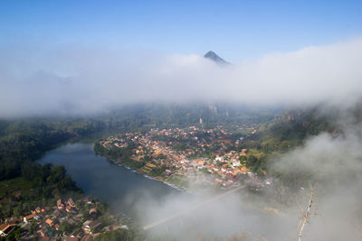 High angle view of mountains against sky