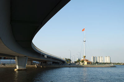 Low angle view of bridge over river in city