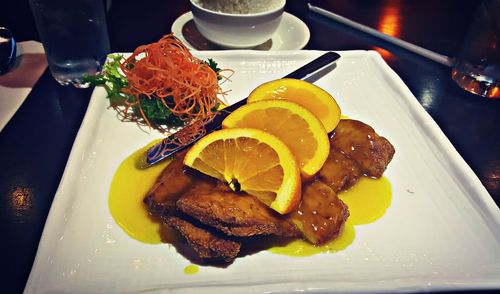 High angle view of meal served on table