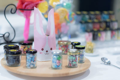 Close-up of bottles on table