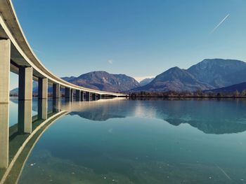 Scenic view of lake and mountains against clear blue sky