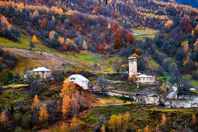 High angle view of trees and buildings during autumn