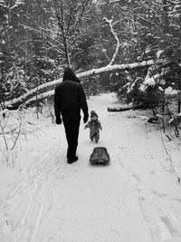 Rear view of woman walking on snow covered plants