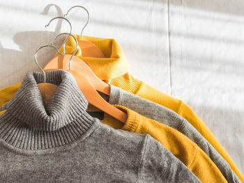 Close-up of clothes hanging on clothesline