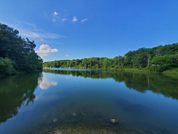 Scenic view of lake against blue sky