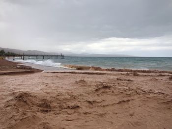 Scenic view of beach against cloudy sky