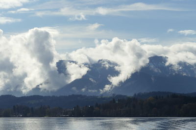 Scenic view of lake in city against sky