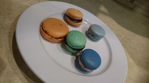 High angle view of cake in plate on table