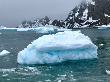 Ice floating on sea against sky