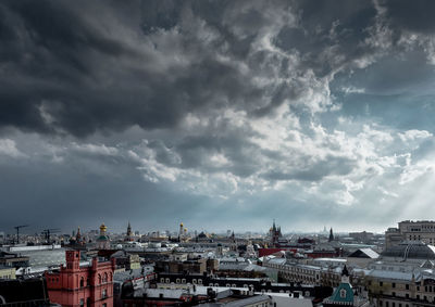 Aerial view of cityscape against cloudy sky