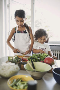 Sisters chopping vegetables while preparing food at table