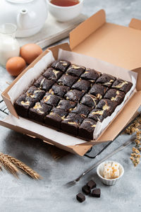 High angle view of chocolate cake on table