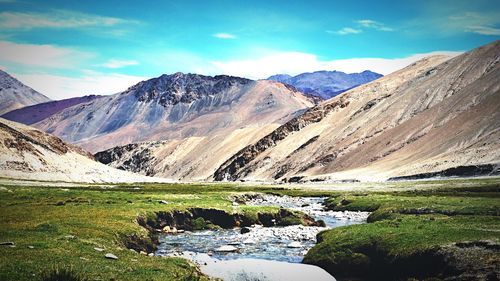 Scenic view of lake and mountains against sky