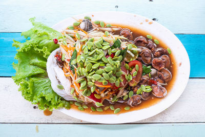 High angle view of salad in plate on table