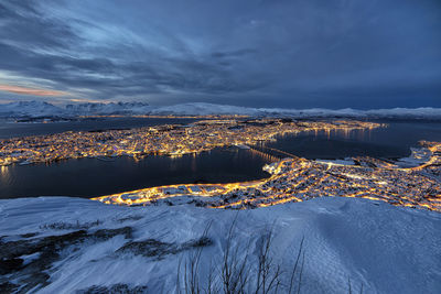 Aerial view of snow covered landscape against sky during sunset