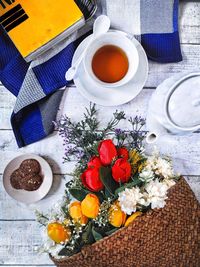 High angle view of breakfast on table