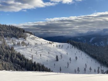 Scenic view of snow covered landscape against sky