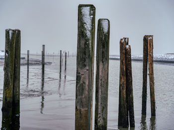 Wooden posts on pole against sky