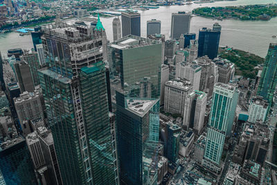 High angle view of modern buildings in city