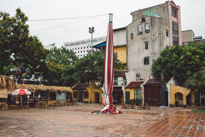 Folded textile outside building in city