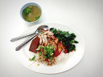 High angle view of meal served on table