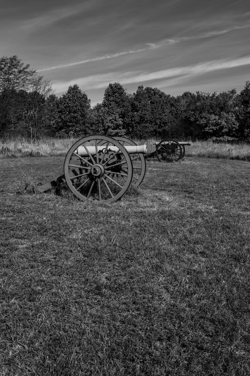 plant, field, sky, land, black and white, nature, tree, monochrome, grass, wheel, no people, black, monochrome photography, landscape, transportation, agriculture, rural area, darkness, rural scene, cloud, day, environment, outdoors, scenics - nature, cart, abandoned, tranquility, mode of transportation, tranquil scene, wagon wheel, farm, growth