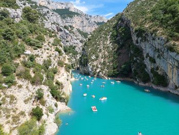 High angle view of boats in sea