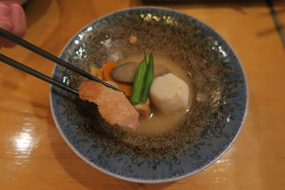 High angle view of soup in bowl on table