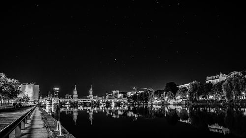 Reflection of illuminated buildings in water at night