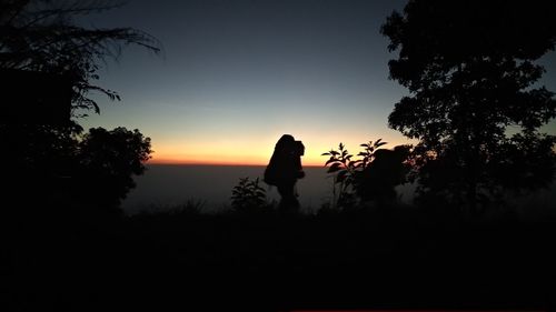 Silhouette person standing by trees against sky during sunset