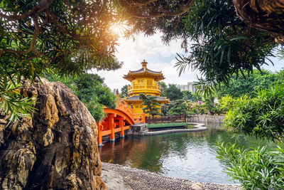 View of temple by lake