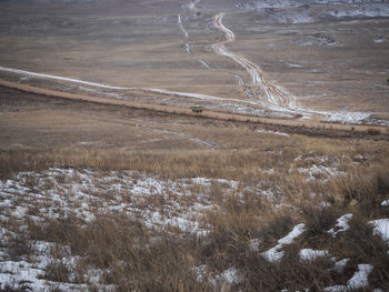 High angle view of snow covered land