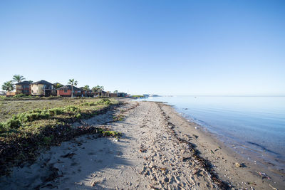 Scenic view of beach against clear sky