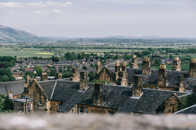 High angle view of townscape against sky in city