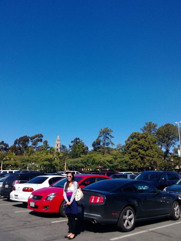 transportation, clear sky, mode of transport, land vehicle, car, blue, copy space, tree, road, stationary, parking, parked, travel, street, day, outdoors, on the move, parking lot, no people, sunlight