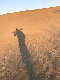 Shadow of man on sand during sunny day