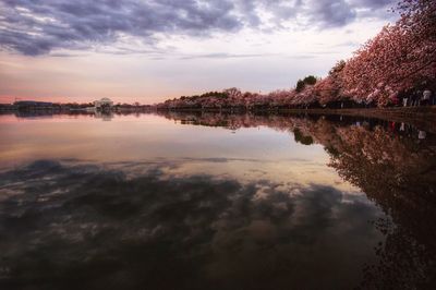 Scenic view of lake against sky at sunset