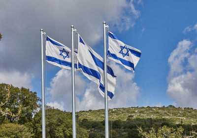 Low angle view of flag against sky