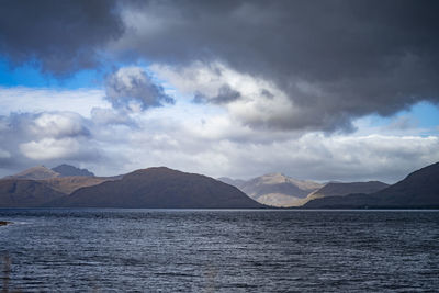 Scenic view of sea by mountains against sky