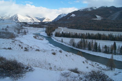 Scenic view of snow covered mountains against sky