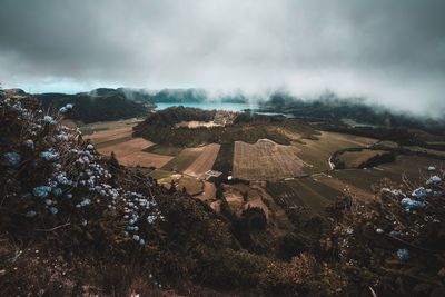 High angle view of field against sky