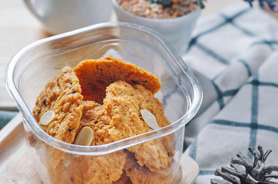 High angle view of food in bowl on table