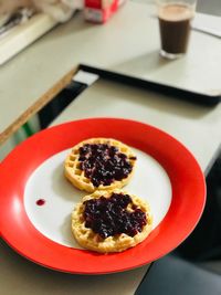High angle view of breakfast served on table