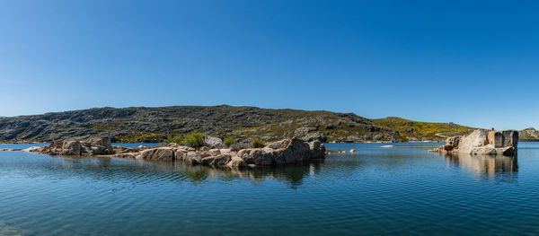 Scenic view of sea against clear blue sky