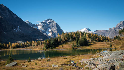 Scenic view of lake and mountains against sky