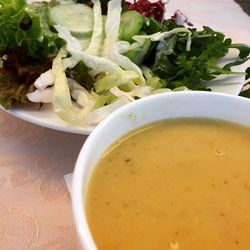 High angle view of soup served on table