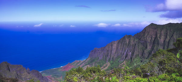 Scenic view of sea and mountains against sky