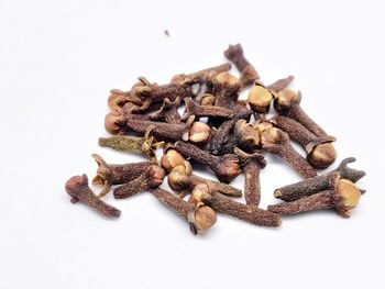 High angle view of roasted coffee beans on white background